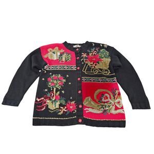 Vintage Tiara International Christmas Holiday Sweater Cardigan Sz S Embroidery